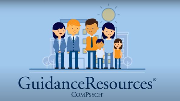 cartoon family and coworkers standing side by side with ComPsych GuidanceResources wording below